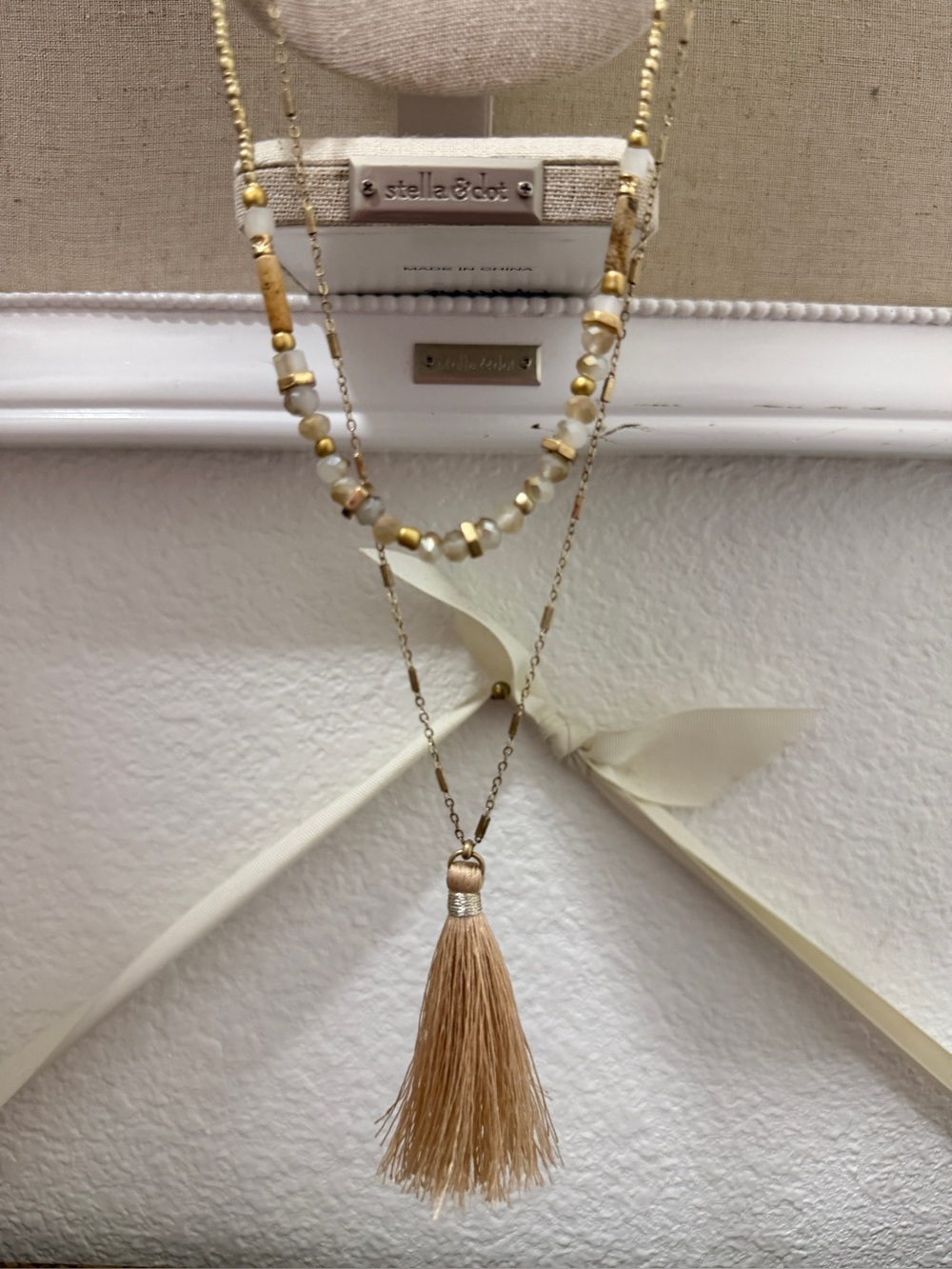 Stella & Dot Antonia Neutral Beaded Layered Necklace with Tassel